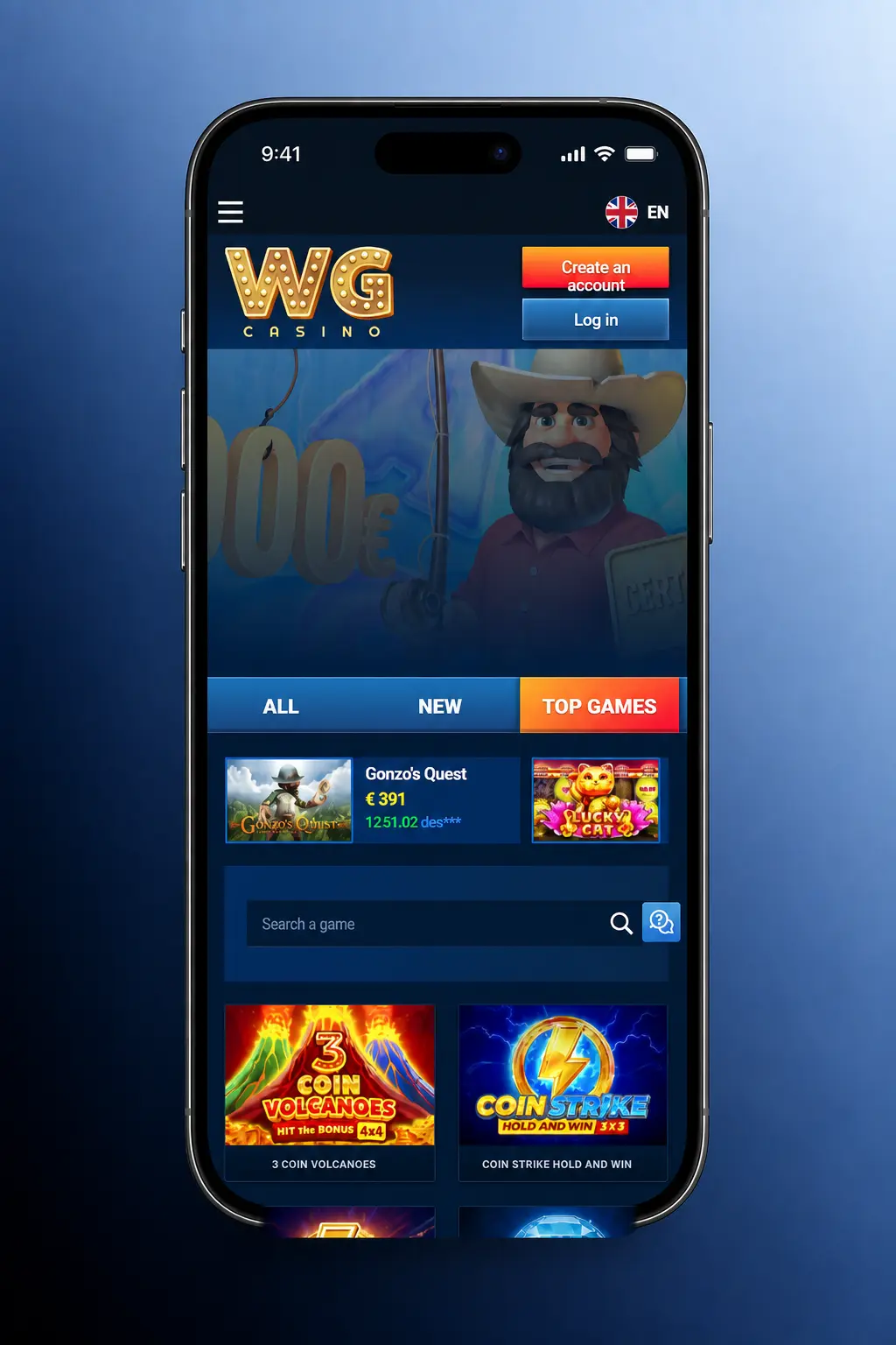 WG casino app deposit guide showing Cashier, payment options, €20 minimum and payment confirmation