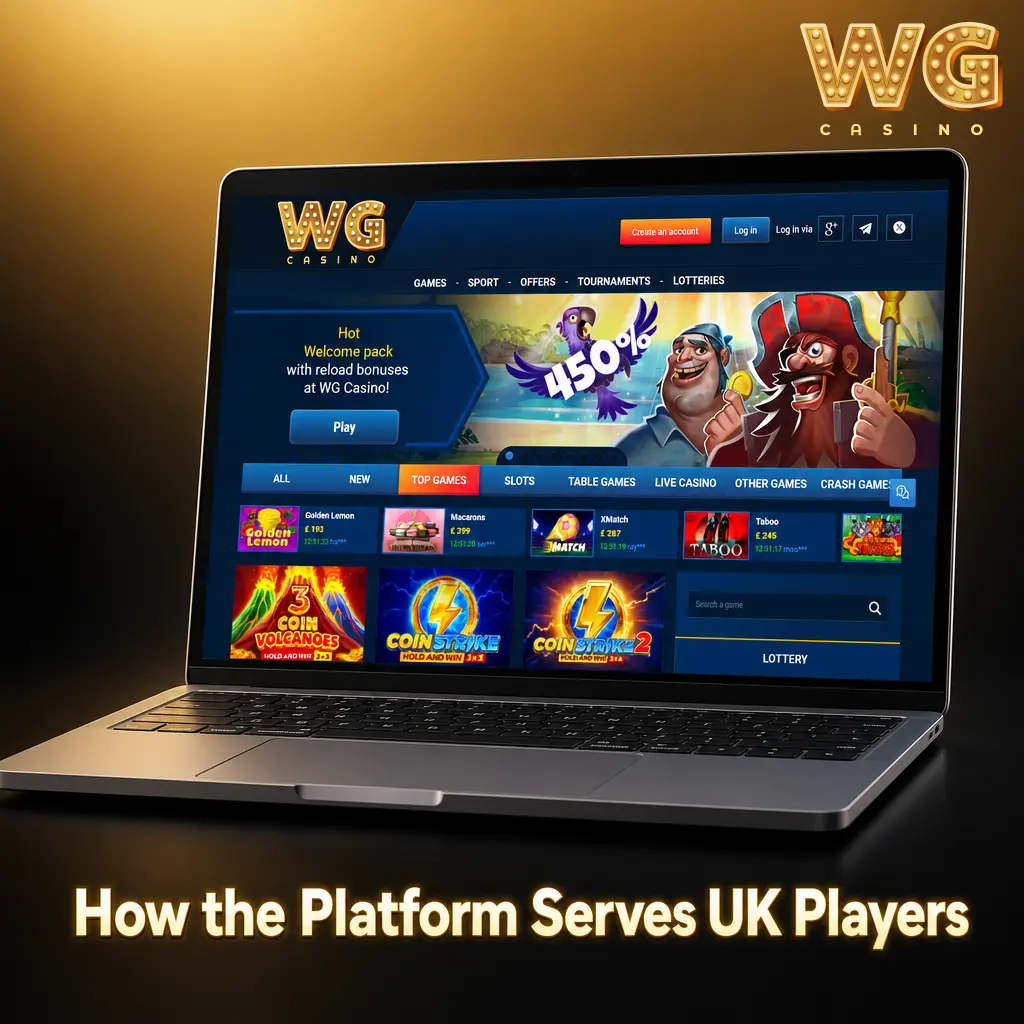WG Casino UK platform showing sports betting, casino games, mobile access and account security features
