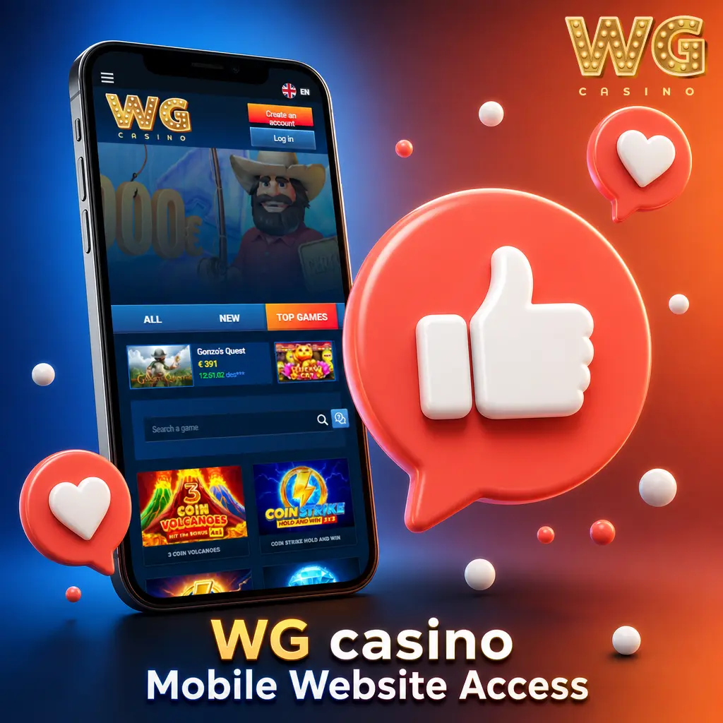 WG casino mobile website on smartphone offering sports betting, slots, live tables, bonuses and payments without download