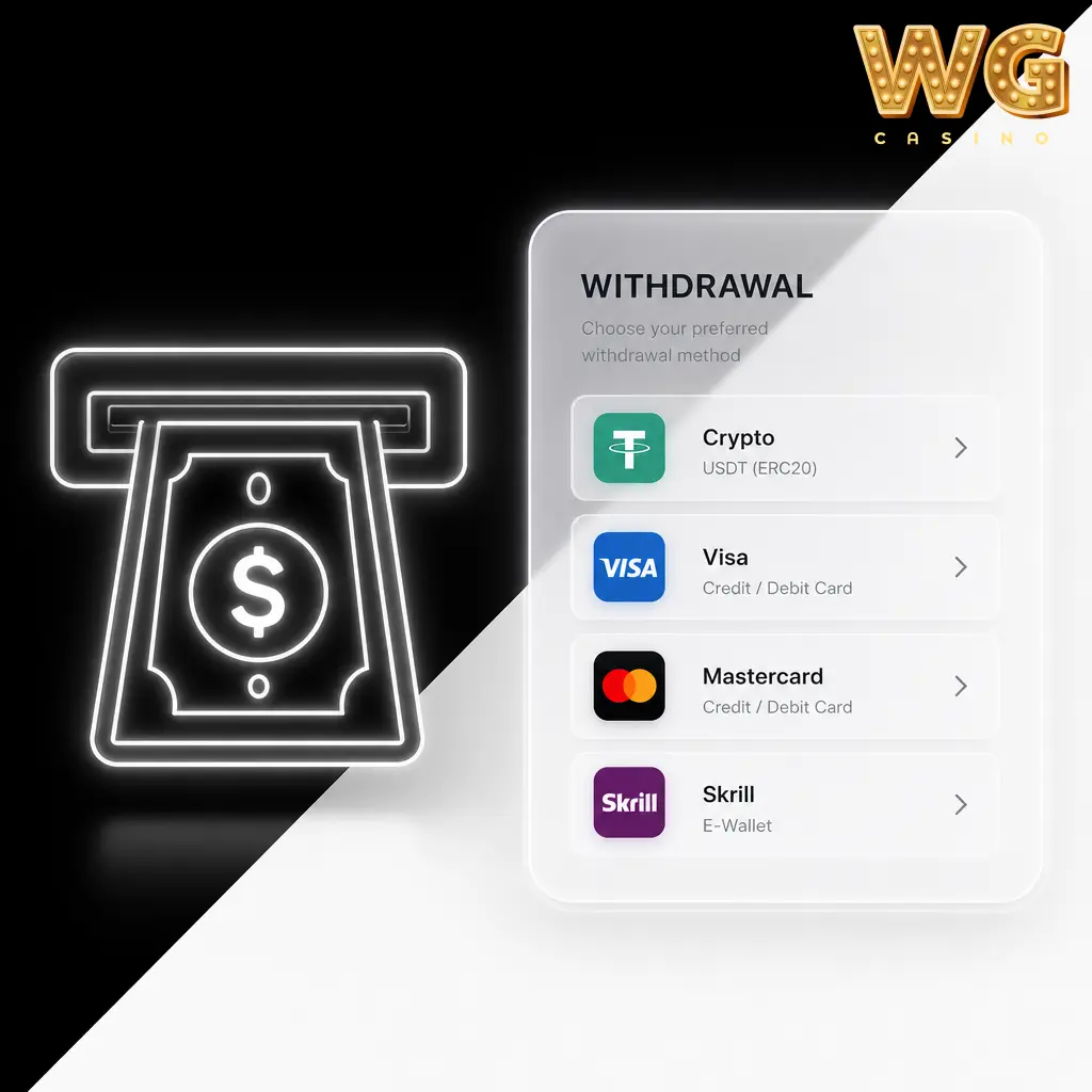 WG casino withdrawal options: USDT ERC20, Visa debit and Mastercard debit via the account cashier